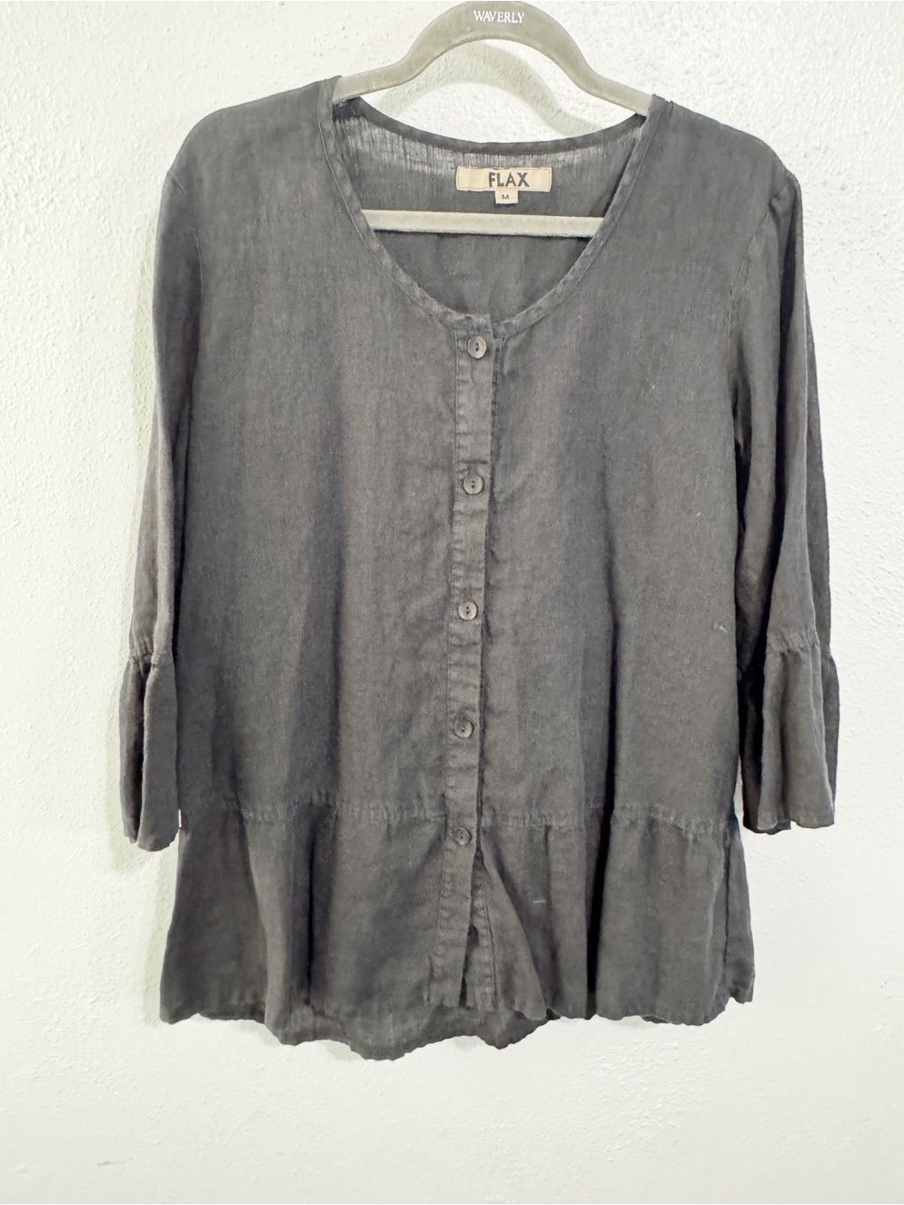 Flax Charcoal Gray Linen Button-Front Women's Blouse med